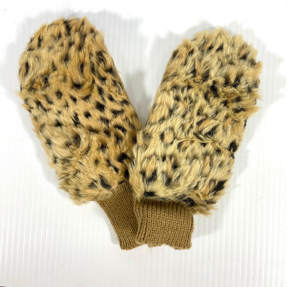 VTG Leopard Print Faux Fur Tan Knit Mittens Gloves Womens One Size